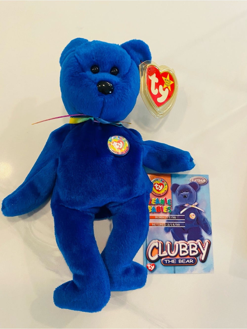 Ty Blue Clubby Bear Plush with Rainbow Ribbon